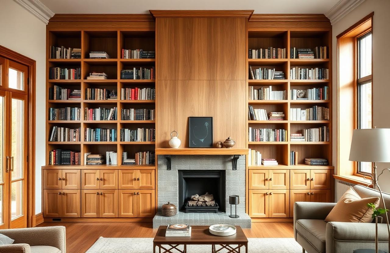 Wandvullende maatwerk boekenkast in eiken rond een schoorsteen