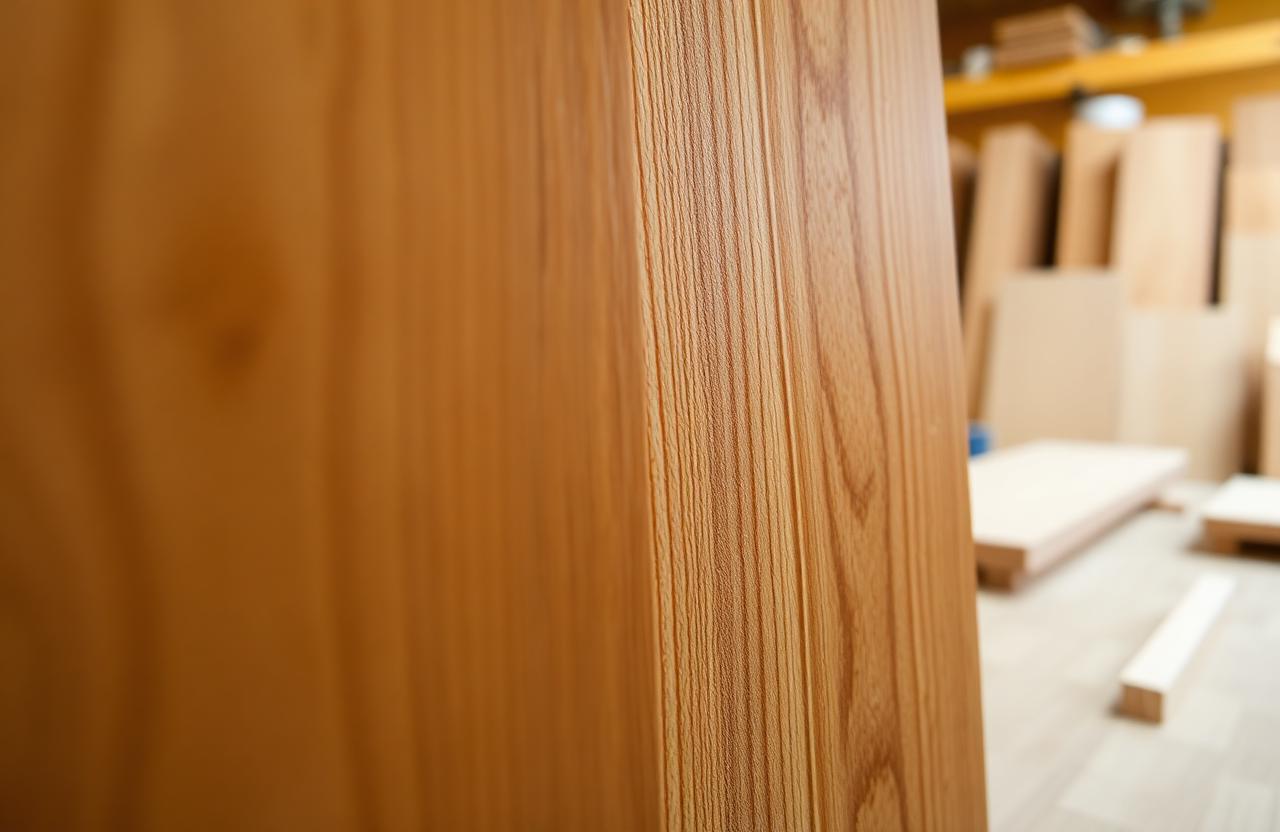 Detail van massief eiken en eiken-gefineerd plaatmateriaal naast elkaar