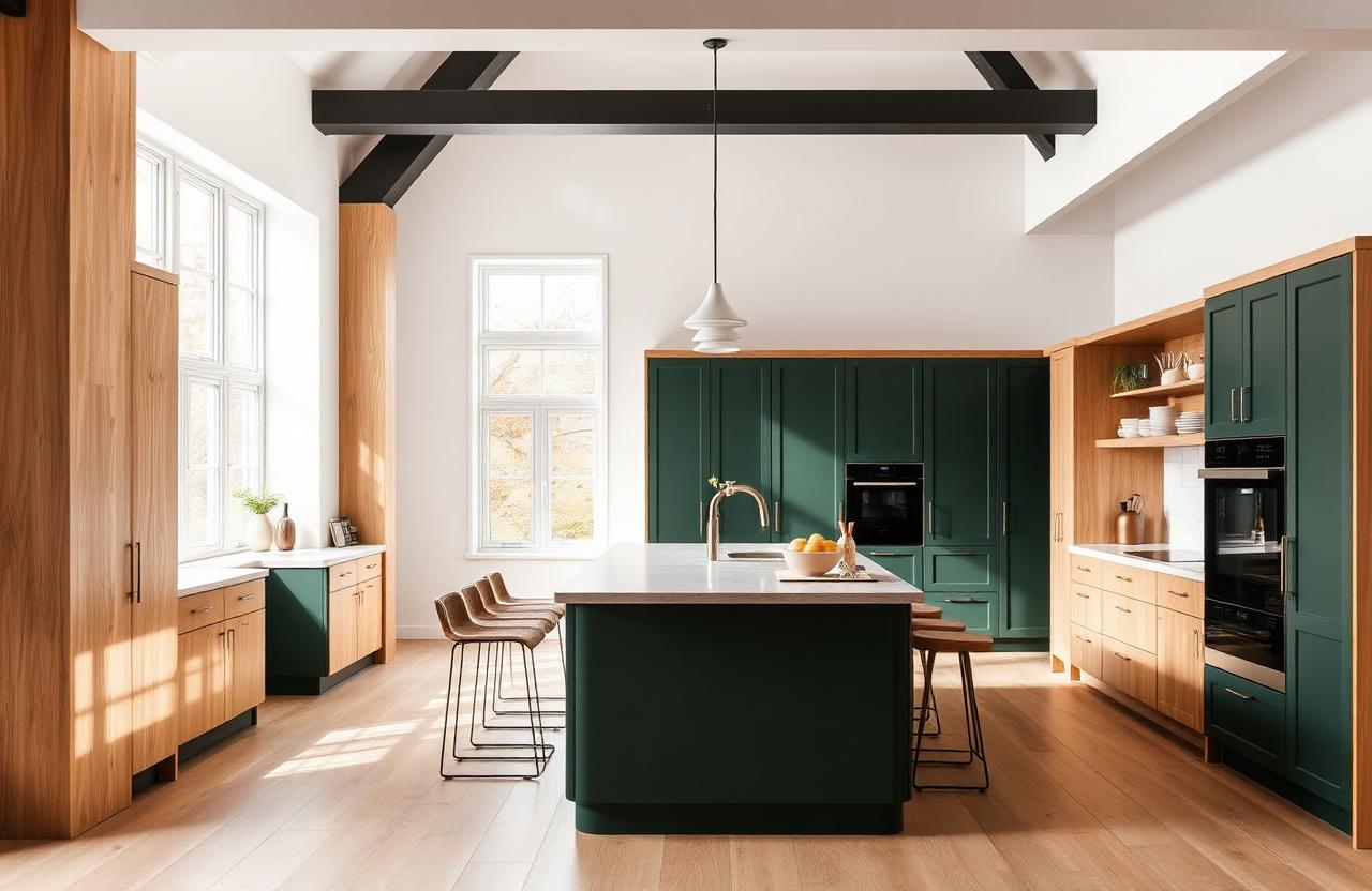 Maatwerk keuken met groot kookeiland in eiken en groene fronten